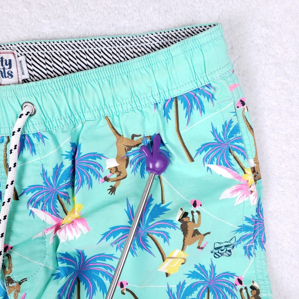 Party Pants Swim Trunks Mens M Aqua Tropical Monkey Palm Tree Beach Party Shorts - Picture 12 of 16